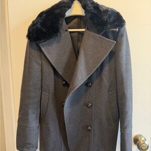 Men's Gray Double-Breasted Coat with Faux Fur Collar